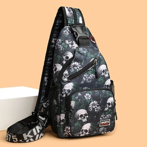 Skull Flower Print Chest Bag Women Nylon Crossbody Sling Pack Adjustable Strap Goth Streetwear With Headphone Hole