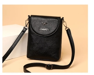 Close-up of black litchi grain leather crossbody phone bag with metal kangaroo logo