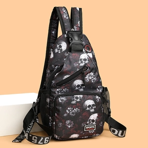 Skull and floral print chest bag with adjustable strap and headphone jack for daily use