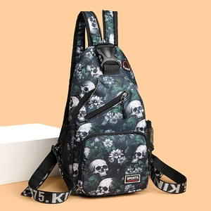 Skull print chest bag with adjustable straps and earphone jack for daily commute