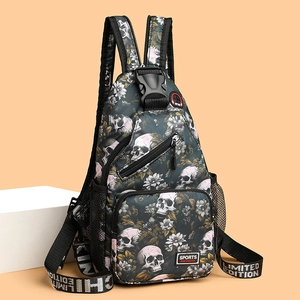 Skull floral crossbody chest bag with adjustable lettered strap for daily commute