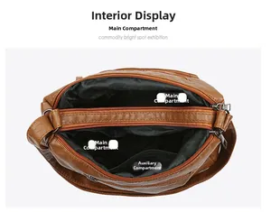 Detailed interior view of brown leather bag showing multi-layer zipper compartments
