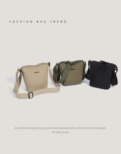 Waterproof nylon bucket bags in khaki, army green, and black with adjustable straps