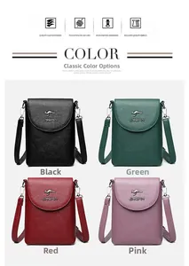 Detail view of multi-color litchi grain leather crossbody bags with kangaroo logo icons