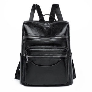 Fashionable black faux leather multi-pocket backpack for women with large capacity