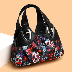 Women's Sugar Skull Floral Print Handbag Ethnic Fabric Spliced PU Leather Tote Bag For Halloween Day Of The Dead Party