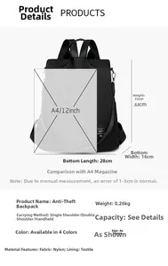 Detailed size specifications of the black anti-theft nylon backpack with A4 paper comparison