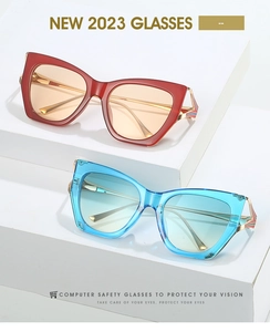 Detail of stylish oversized cat-eye sunglasses with gold metal temples and striped hinges