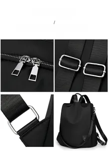 Detailed views of premium metal zippers and adjustable buckles on a black oxford backpack