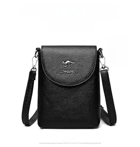 Front view of black litchi grain leather crossbody phone bag with kangaroo metal logo