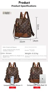 Detailed retro brown pattern backpack dimensions 32x32x14cm with weight and storage specs