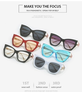 Cat eye sunglasses in various colors with iconic tricolor stripes on temples