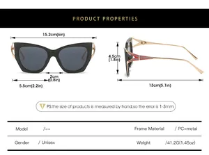 Detailed size guide for cat eye sunglasses with frame and lens dimensions in centimeters