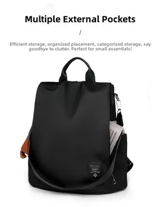 Detail of waterproof Oxford cloth backpack featuring anti-theft design and multi-pocket storage