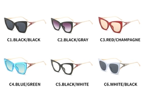 Cat eye sunglasses detail showing six color variants with elegant gold metal temples