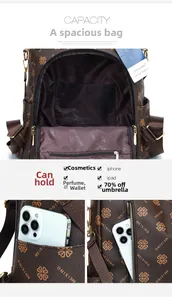 Macro view of brown leather backpack with clover texture and multiple interior compartments