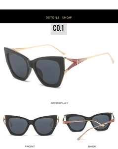 Three-view display of cat-eye sunglasses with gold metal temples and tricolor detail