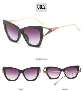Three-view display of cat-eye sunglasses with gradient lenses and tricolor metal temples
