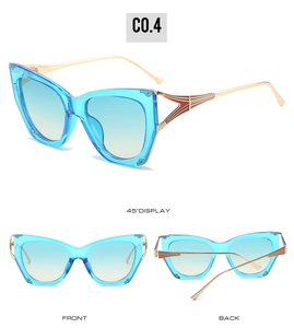 Detailed views of oversized cat-eye sunglasses with transparent blue frames and gold metal temples