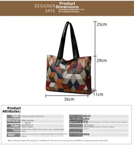 Guida alle dimensioni della borsa tote con motivi geometrici e dettagli tecnici