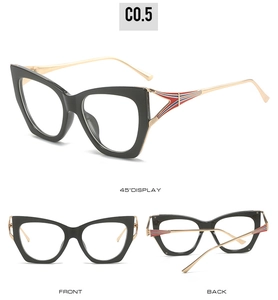 Three views of oversized cat-eye sunglasses with gold metal temples and stripe detail