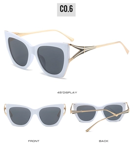 Cat eye sunglasses detail showing front, back, and 45-degree angle with gold metal temples