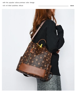Rear view of a vintage brown monogram backpack with large capacity and metal zipper detail