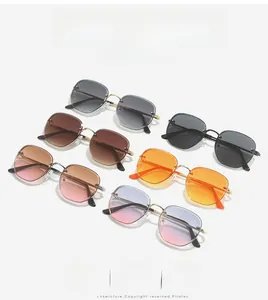 Flat lay of colorful polygon oversized sunglasses with metal temples in six trendy shades