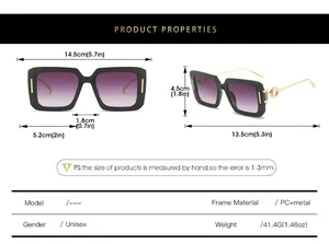 Detailed sizing chart for square sunglasses showing lens width and frame height dimensions