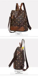 Detail view of brown vintage synthetic leather backpack with clover monogram patterns