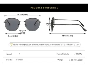 Detailed size chart for rimless polygon sunglasses with metal frame and unisex dimensions