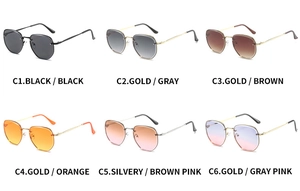 Matrix display of six hexagonal sunglasses in various gradient lens colors and metal frames