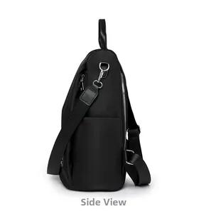 Side view of black waterproof oxford backpack with silver metal zippers and side pocket
