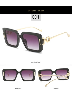 Three-way view of square sunglasses with purple gradient lenses and gold hollow temples