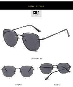 Detailed views of polygon sunglasses with black lenses and slim metallic temples