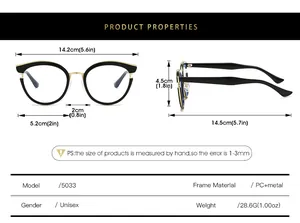 Detailed size chart for metal cat eye glasses showing frame dimensions and material specs