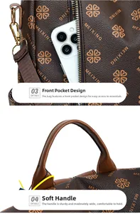 Detail view of large brown leather backpack showing front zipper pocket and comfort handle