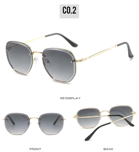 Three-view detail of gold metal rimless sunglasses with grey gradient lenses C0.2