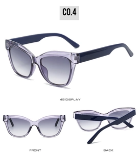 Viste dettagliate della montatura cat eye viola trasparente e delle aste blu navy