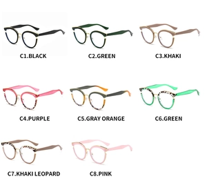 Collage of eight stylish cat-eye glasses frames in assorted colors from black to pink