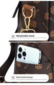 Detail of vintage patterned backpack side pocket holding smartphone and gold metal hardware