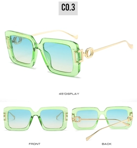 Three views of square oversized sunglasses with green frames and gradient blue-yellow lenses
