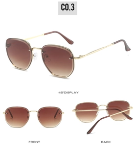 Three-view display of oversized polygon sunglasses with gold metal frames and brown lenses