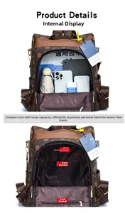Detail view of large capacity vintage backpack interior showing main pocket and card slots