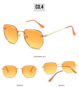 Three-angle view of rimless polygon sunglasses with orange gradient lenses and gold metal arms