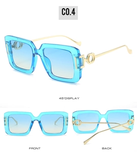 Three-angle view of square sunglasses with light blue frames and gold metal temples