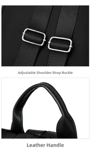 Detail of adjustable nylon shoulder straps and durable leather handle on a black backpack