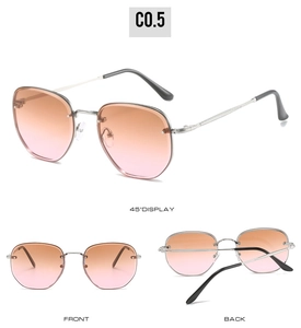 Multiple views of rimless gradient sunglasses featuring pink to orange lenses and silver frames