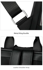 Detail of silver metal hardware and leather patchwork strap on black nylon backpack