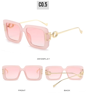 Three views of pink gradient square sunglasses with gold metal temples and round hinge details